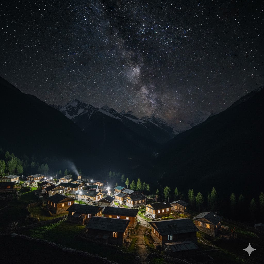 Night sky filled with stars over wooden cottages in Arrang Kel village.