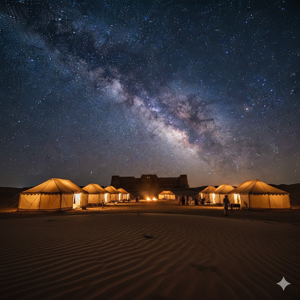Night view of Derawar Desert Camp tents illuminated under starlit sky in Cholistan Desert. Night view of Derawar Desert Camp tents illuminated under starlit sky in Cholistan Desert.