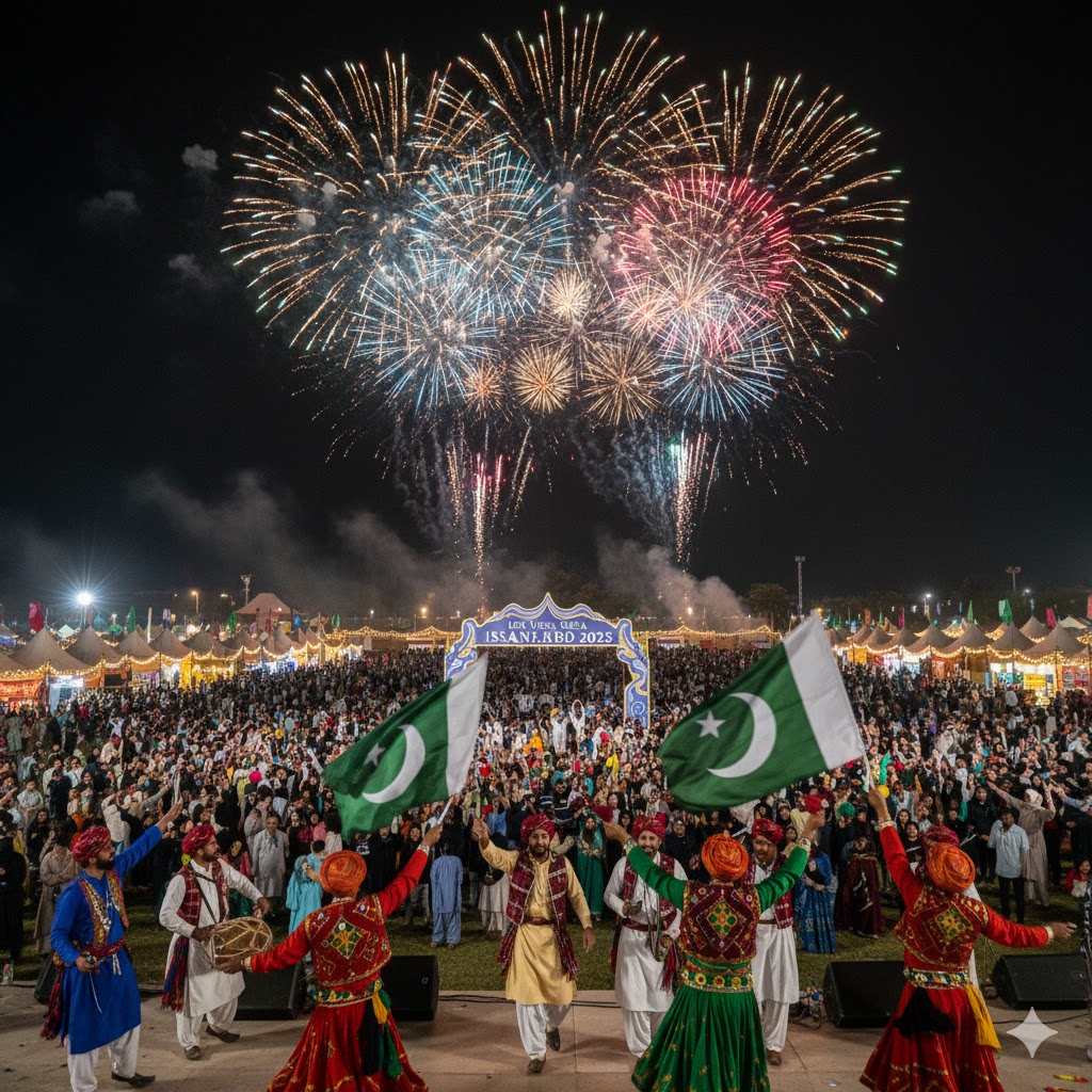 Night view of Lok Virsa Mela Islamabad 2025 with fireworks illuminating crowds and folk performers waving Pakistani flags.