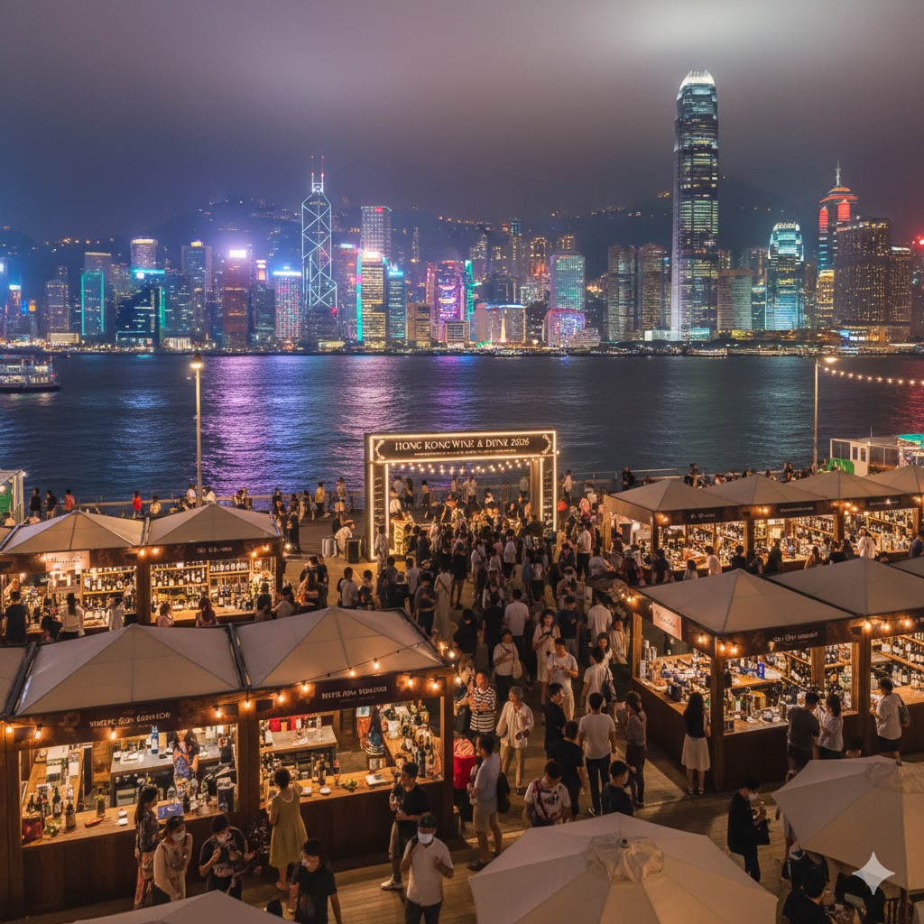 Night view of Victoria Harbour with wine stalls and skyline during Hong Kong Wine & Dine 2026