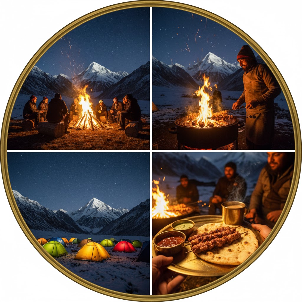 Nighttime bonfire barbecue setup at Fairy Meadows with mountain backdrop