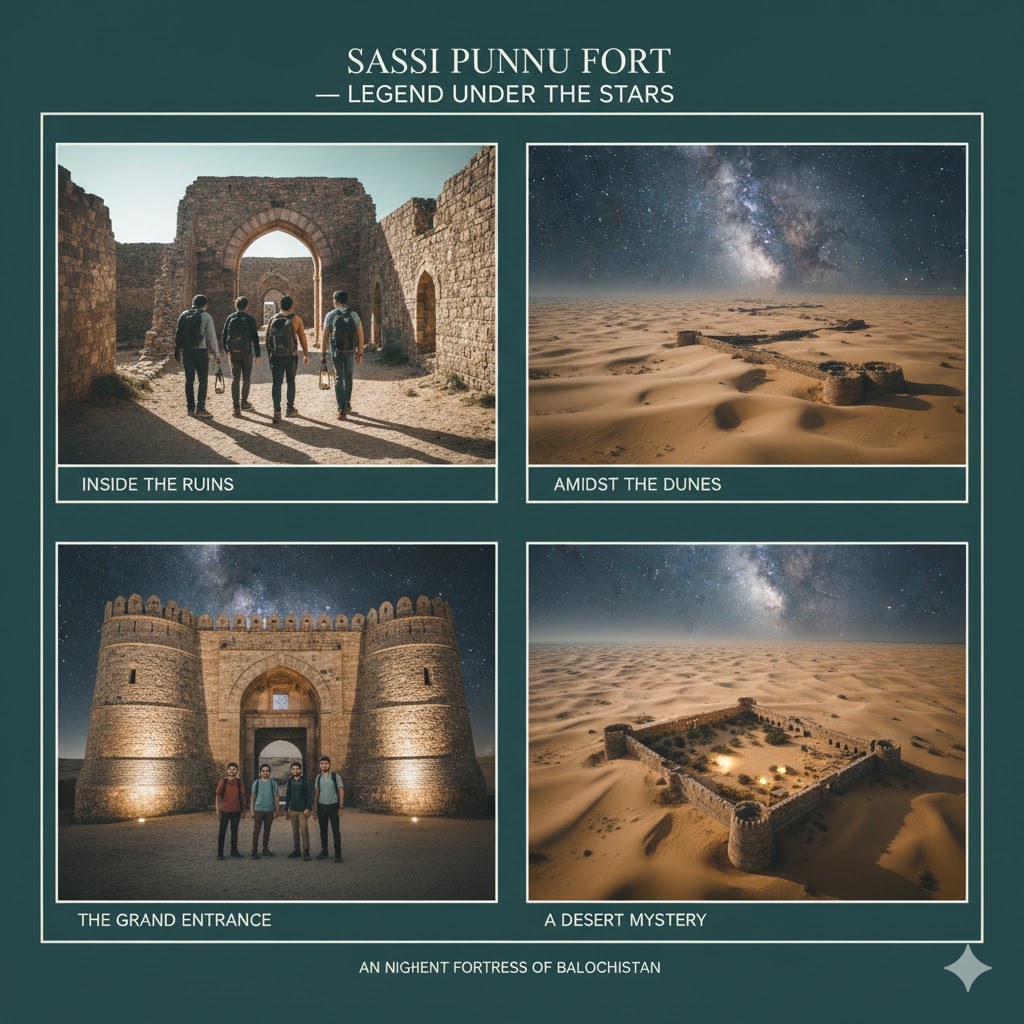 Nighttime view of Sassi Punnu Fort ruins under a clear Milky Way sky