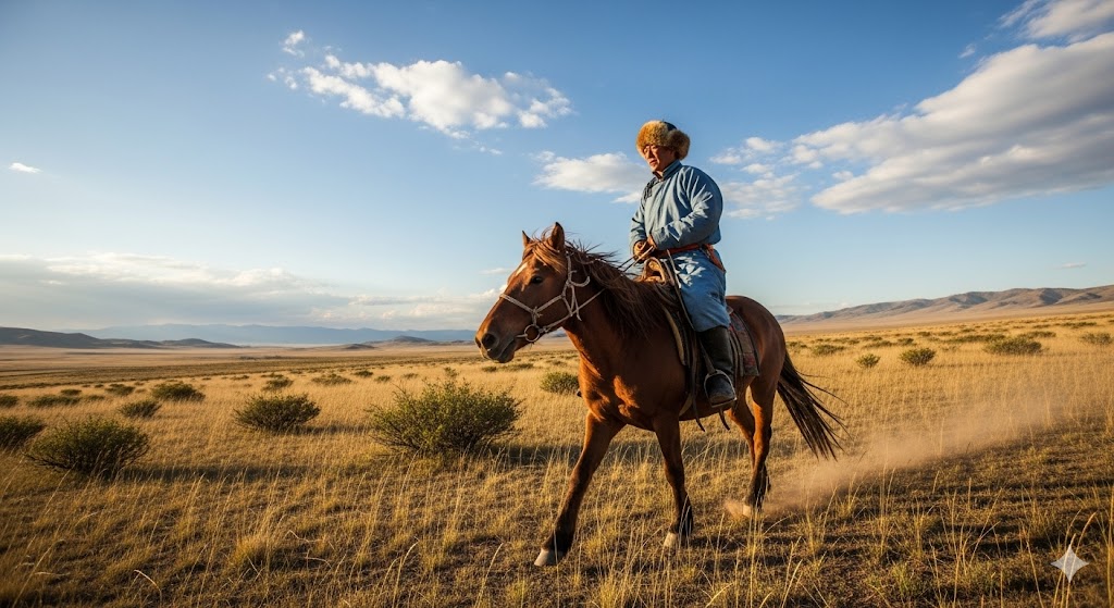 Nomad herder riding horse across steppe under wide blue sky, Mongolia