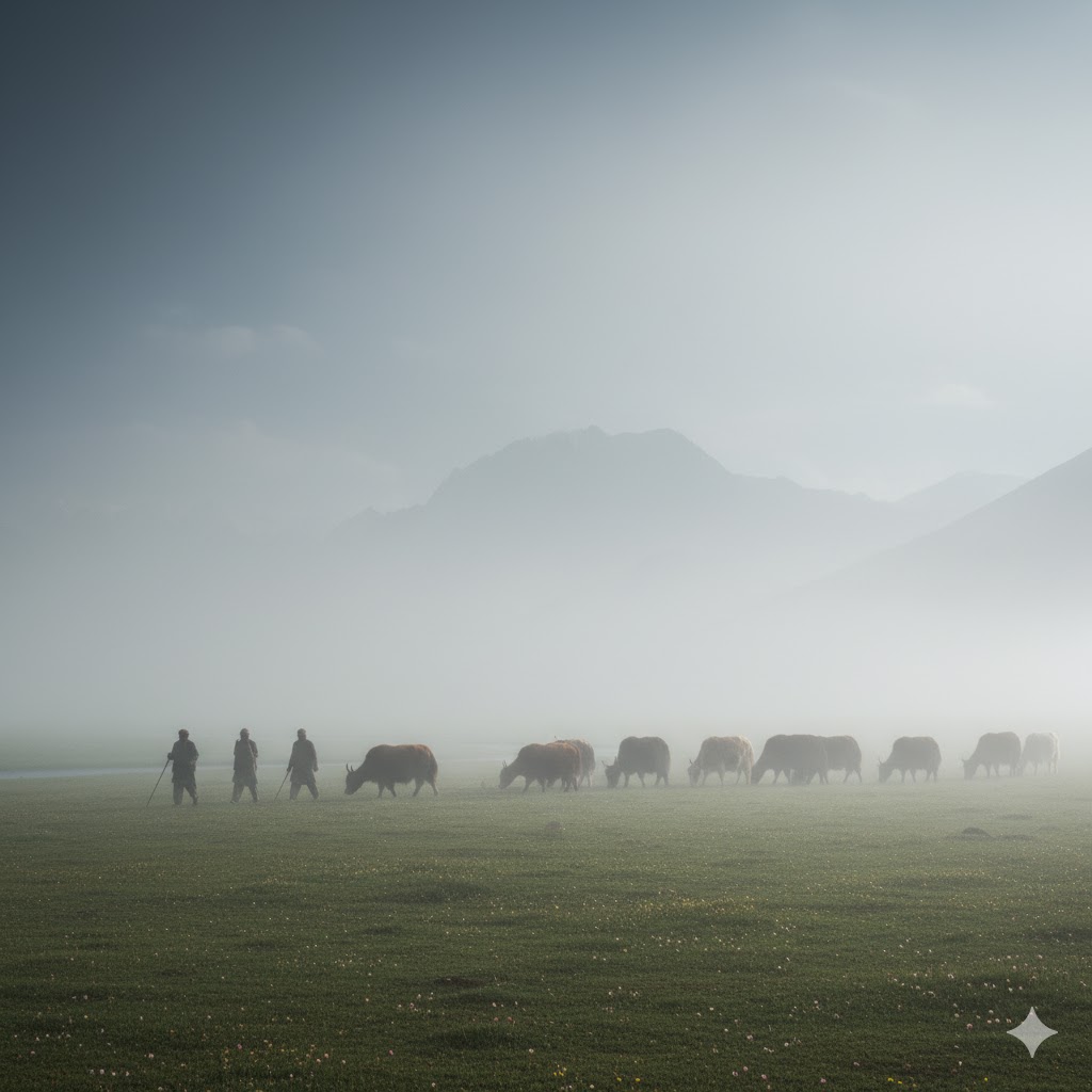 Nomadic herders leading yaks through mist-covered meadows toward Deosai plateau Nomadic herders leading yaks through mist-covered meadows toward Deosai plateau
