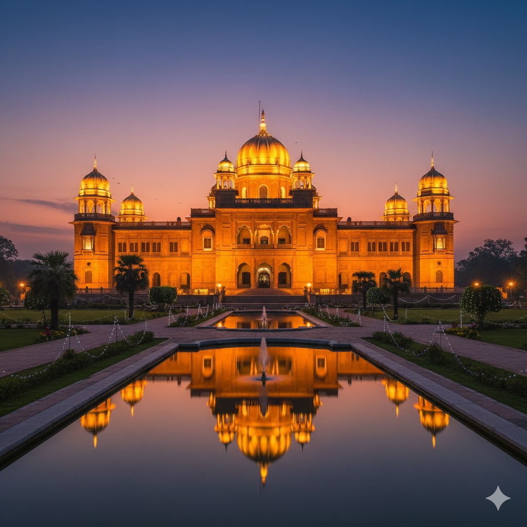Noor Mahal illuminated at sunset with golden lights reflecting on the palace gardens, Bahawalpur. Noor Mahal illuminated at sunset with golden lights reflecting on the palace gardens, Bahawalpur.