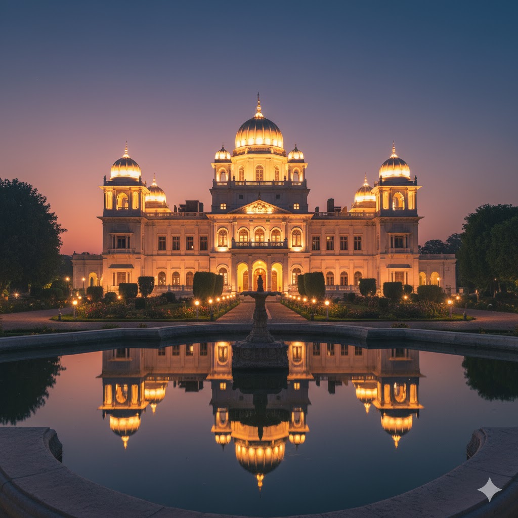 Noor Mahal lit at twilight with reflections in the garden fountain, Bahawalpur. Noor Mahal lit at twilight with reflections in the garden fountain, Bahawalpur.