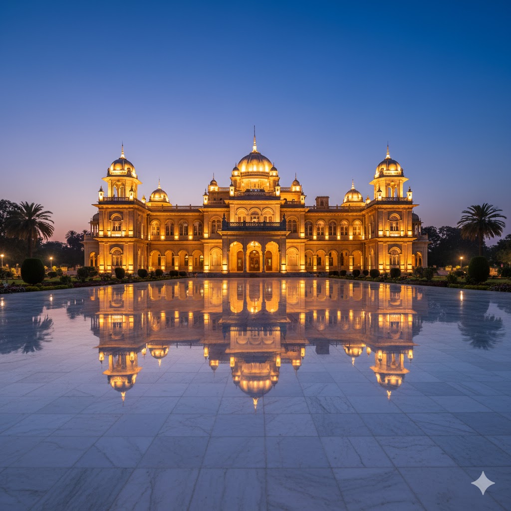 Noor Mahal palace glowing at dusk with reflection on marble floor