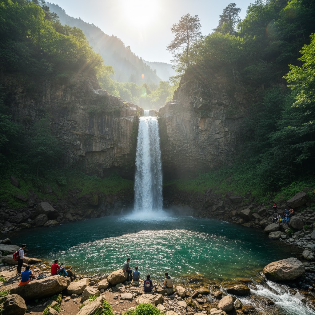 Noori Waterfall near Islamabad with turquoise pool, limestone cliffs, and trekkers resting by the water.