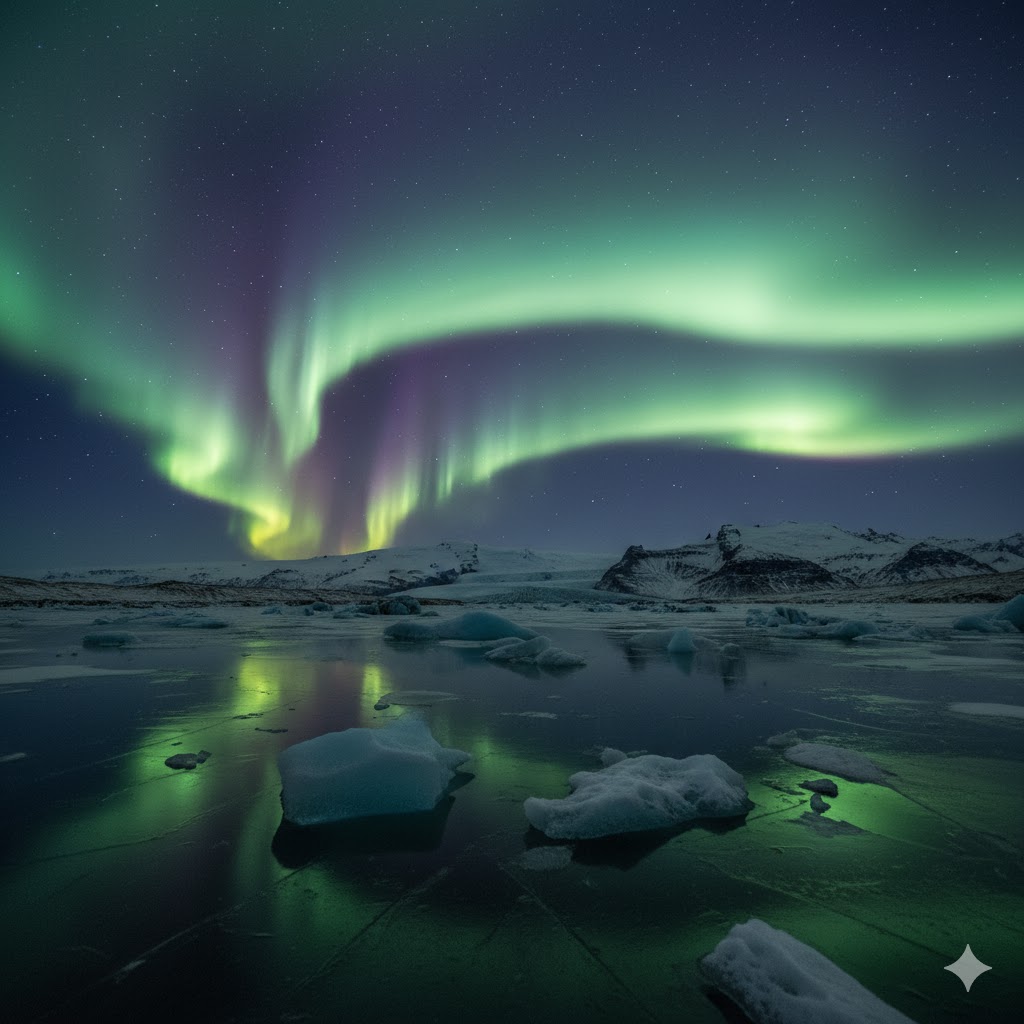 Northern Lights over Icelandic glaciers reflecting in a frozen lagoon