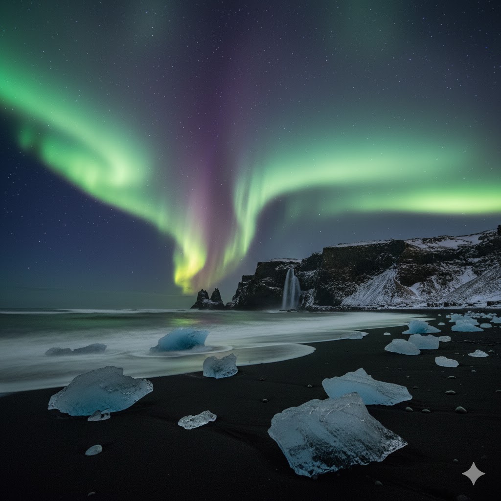 Northern Lights over Iceland’s black sand beach and icy cliffs.