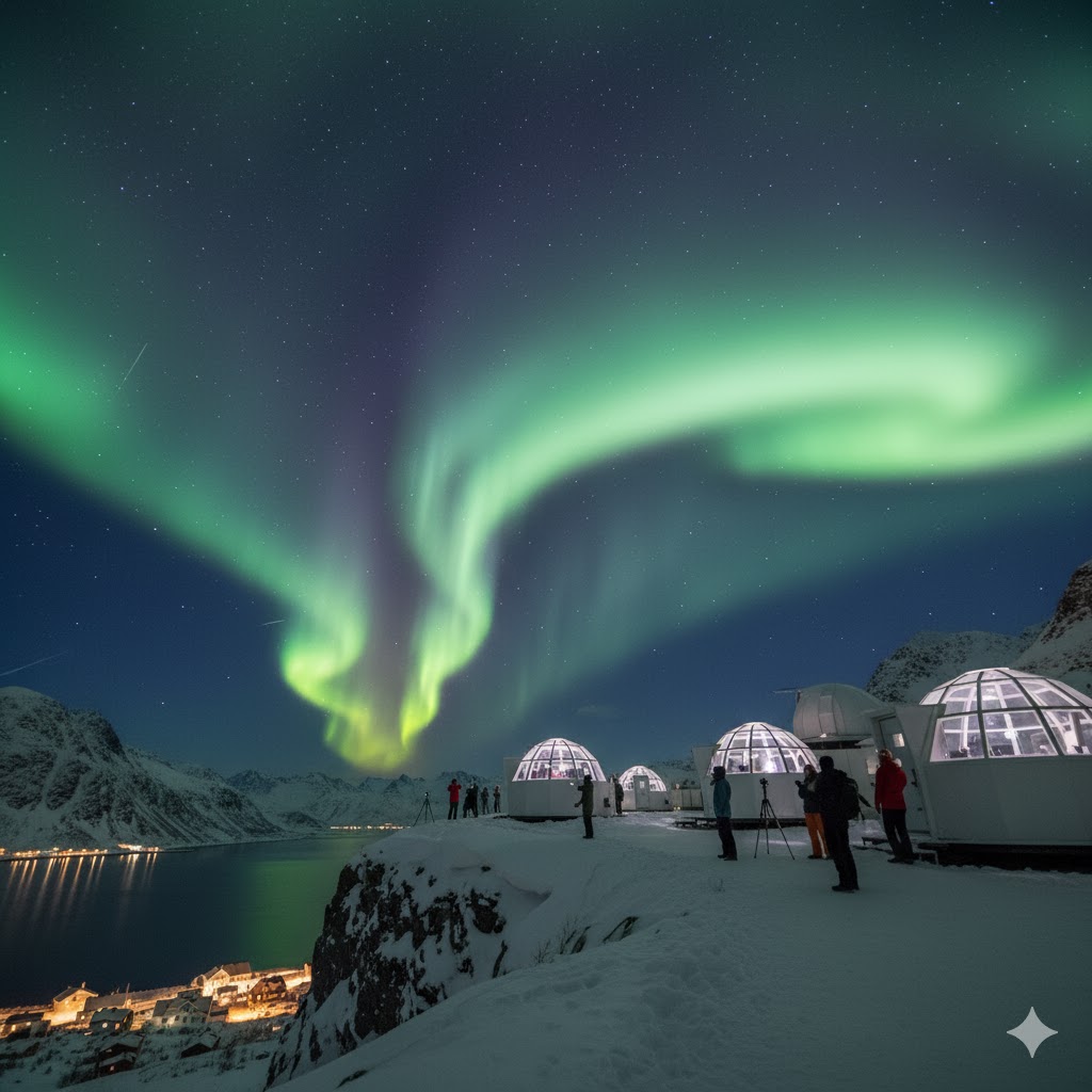 Northern Lights over Norway observatories with tourists observing auroras