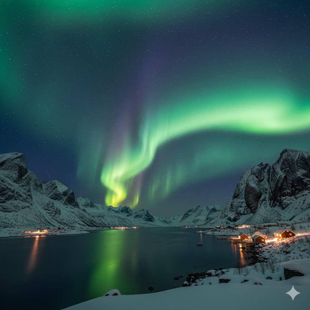 Northern Lights over snow-covered fjords in Norway.