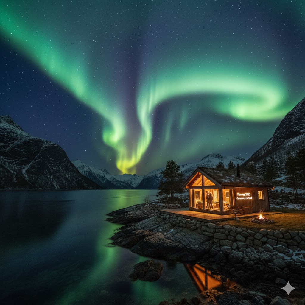 Northern lights above fjord cabin Norway 2025 eco travel reopening