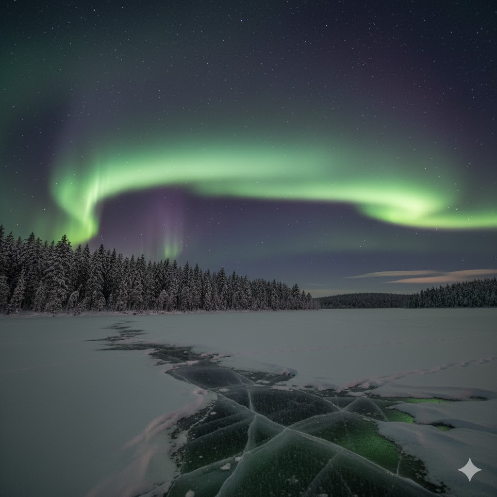 Northern lights over snowy forest and frozen lake, Finland