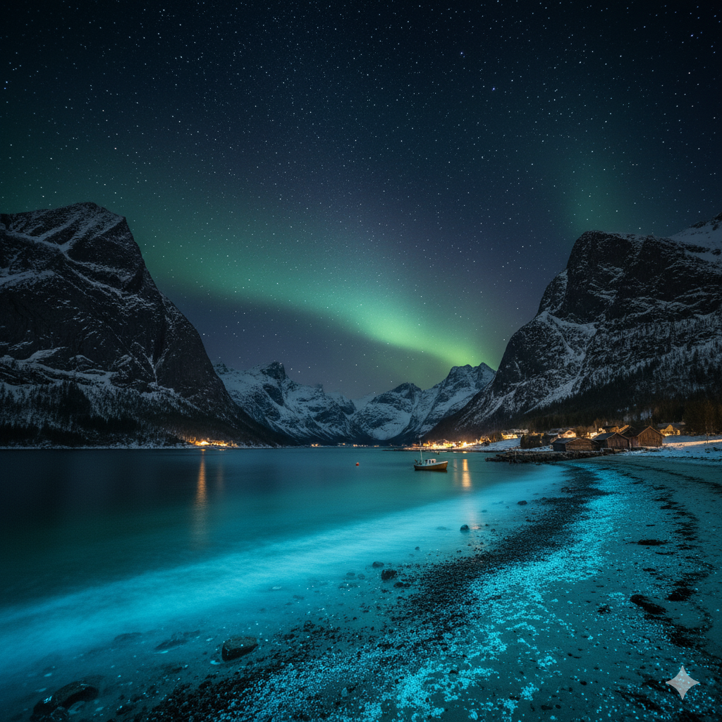 phosphorescent mineral beach Norway fjord glow under aurora