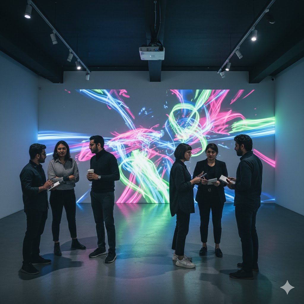 O Art Space Lahore interior with digital projection installation and young artists discussing conceptual artwork.