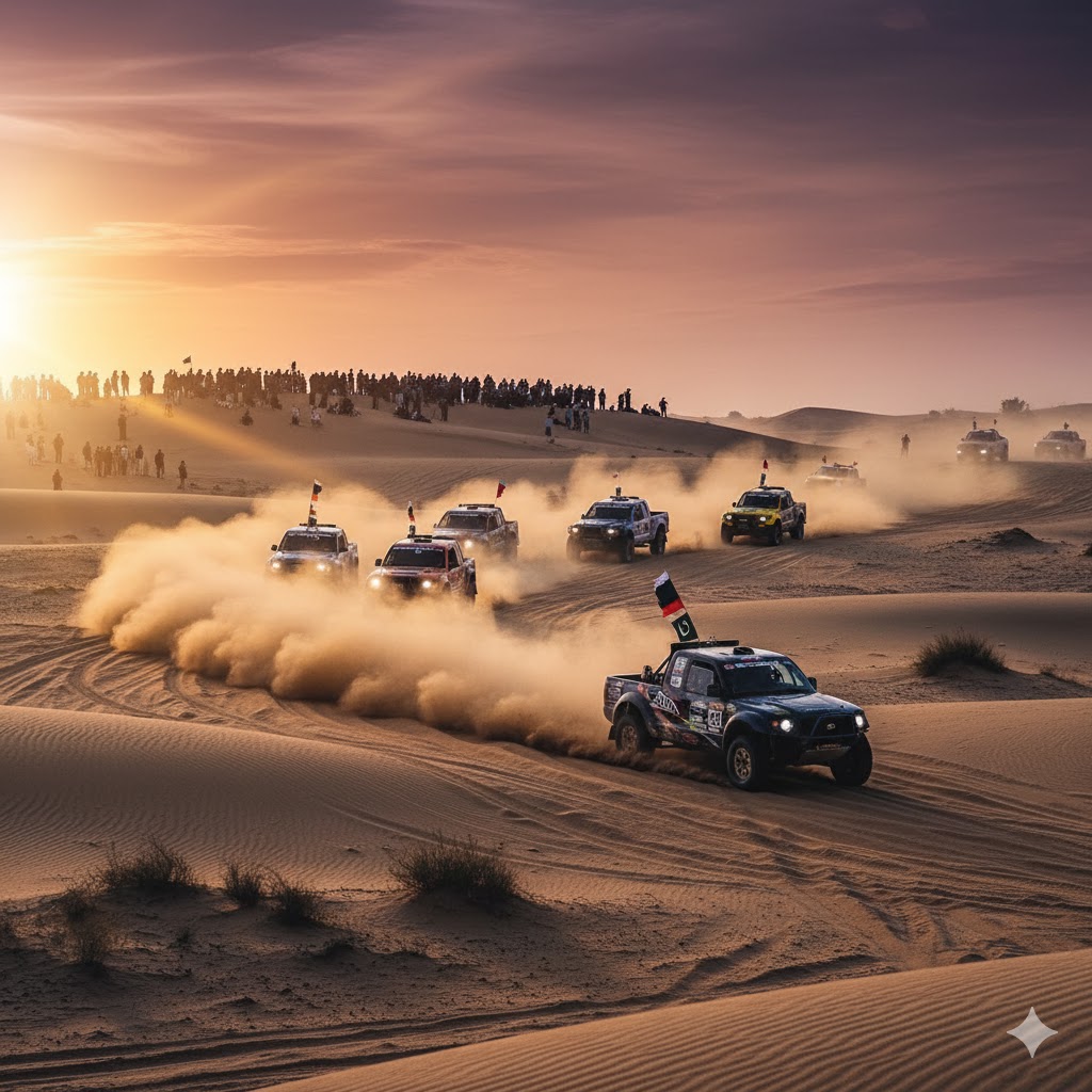 Off-road vehicles participating in Thal Desert Rally across sand dunes in Punjab
