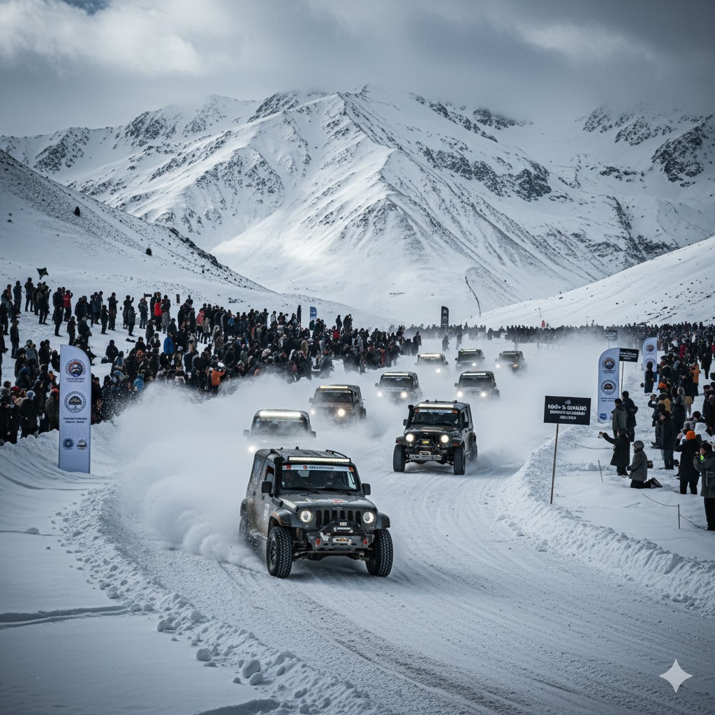 Off-road vehicles speeding through snow-covered mountain track during Koh-e-Sufaid Snow Rally Challenge