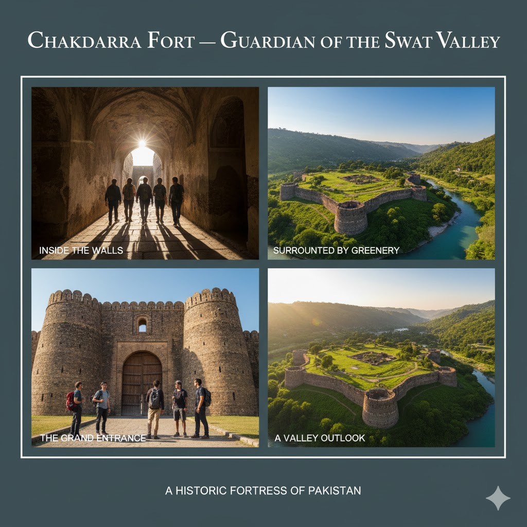 Old Chakdarra Fort near Swat River surrounded by green valley landscapes