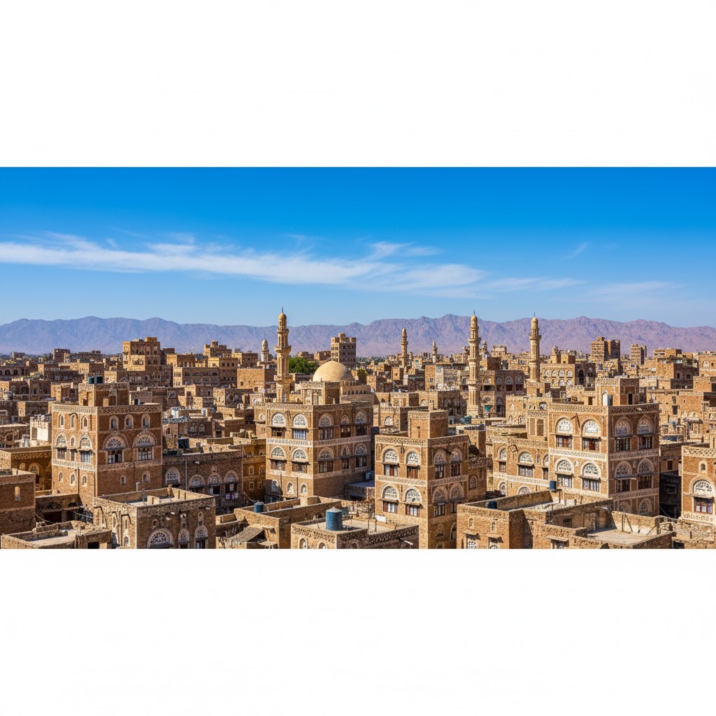 Old Sana’a skyline with traditional Yemeni houses under blue sky, Yemen