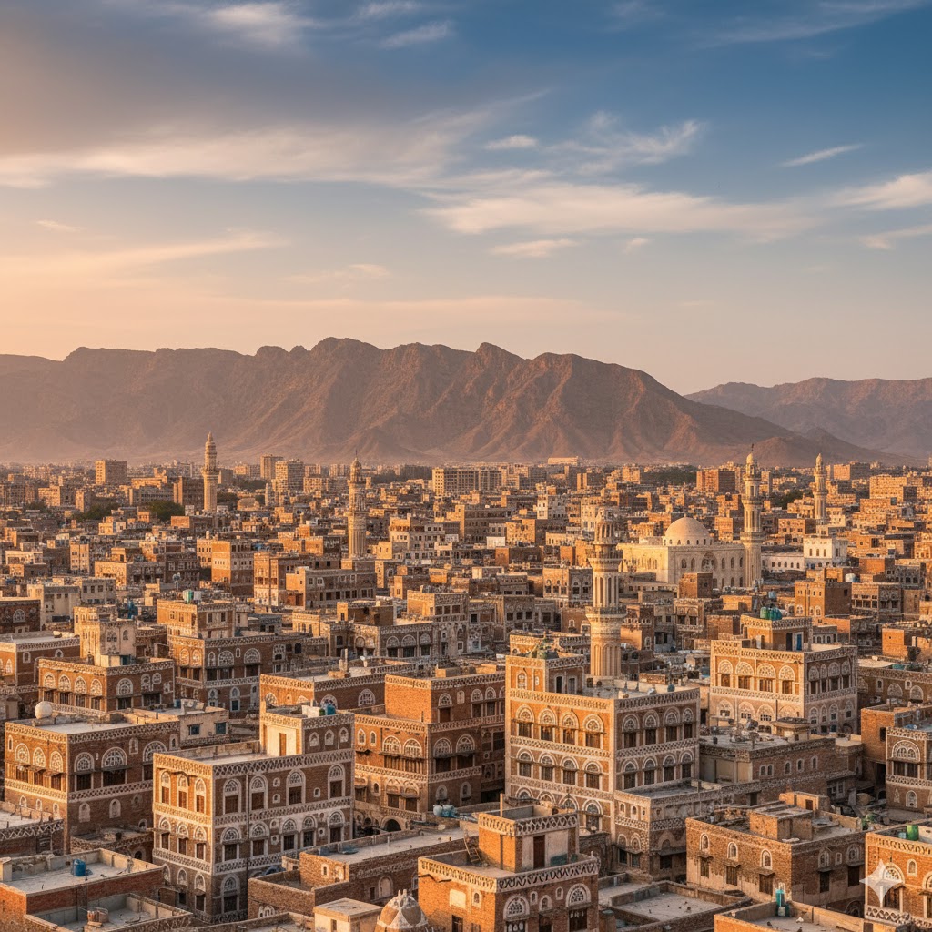 Old city of Sana’a with tower houses and mountains in background, Yemen