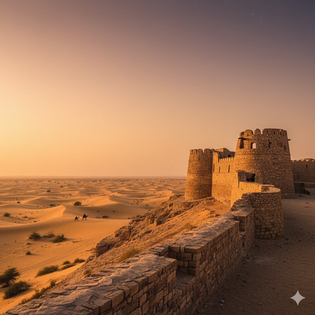 Old stone walls of Fort Abbas overlooking the endless expanse of the Cholistan Desert.