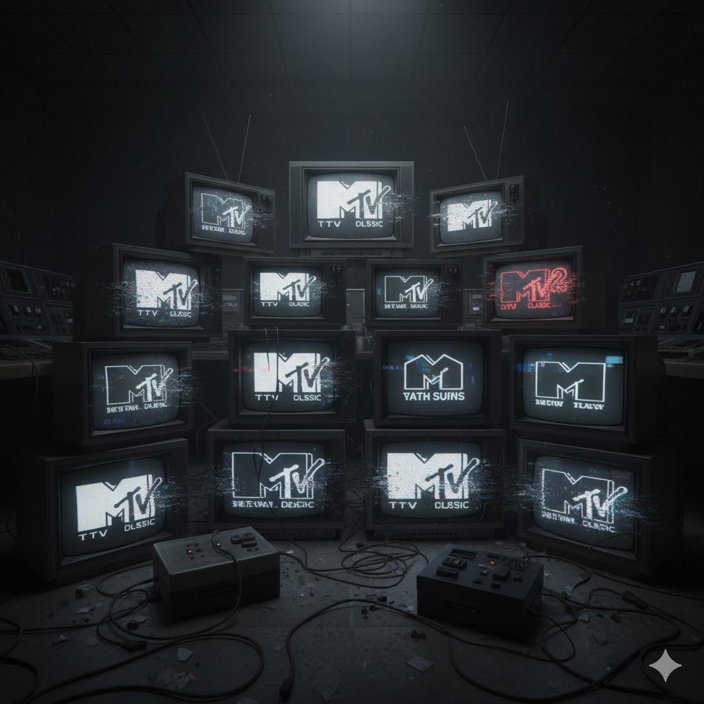 Old television sets showing multiple MTV logos fading to static, symbolizing network decline