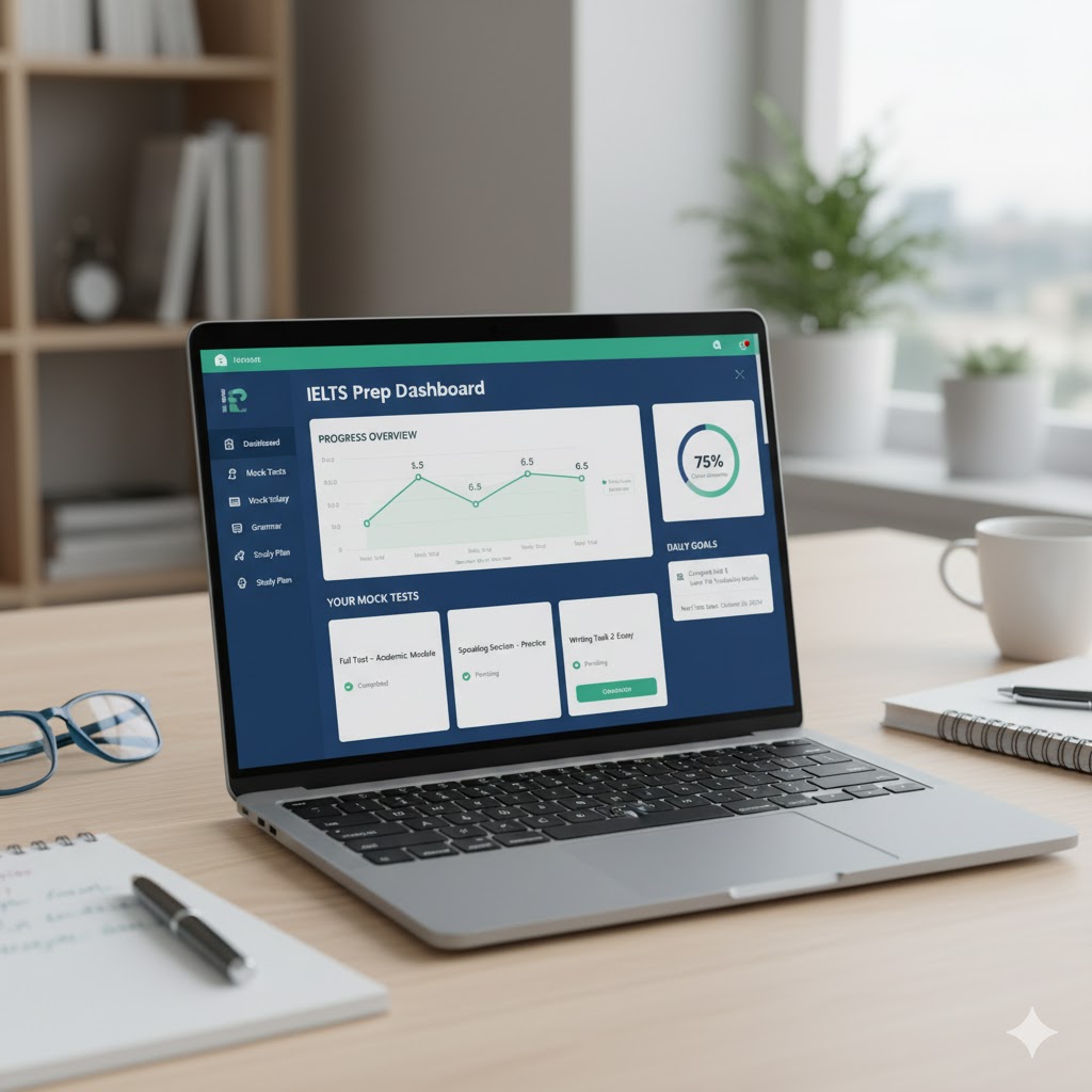 Online IELTS preparation dashboard with mock tests and progress chart