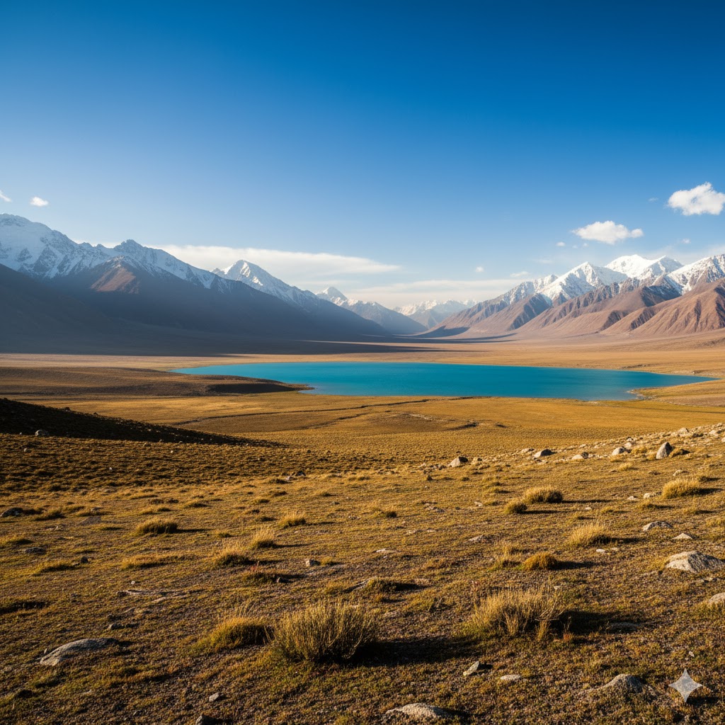 Open plains of Deosai National Park with Sheosar Lake in the distance and Himalayan peaks surrounding the plateau Open plains of Deosai National Park with Sheosar Lake in the distance and Himalayan peaks surrounding the plateau