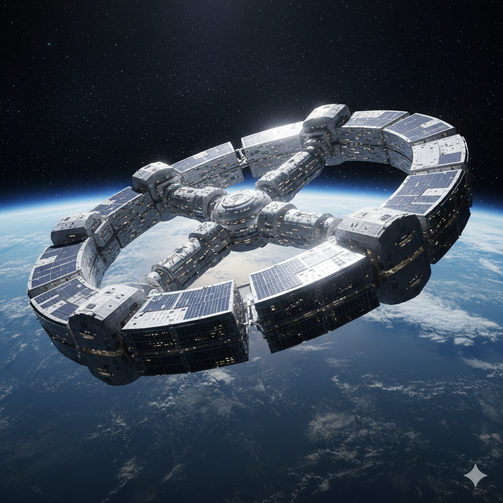 Orbital Assembly space hotel rotating in Earth's orbit