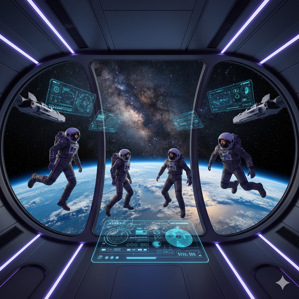 Orbital telescope tourism experience above Earth with panoramic cosmic view