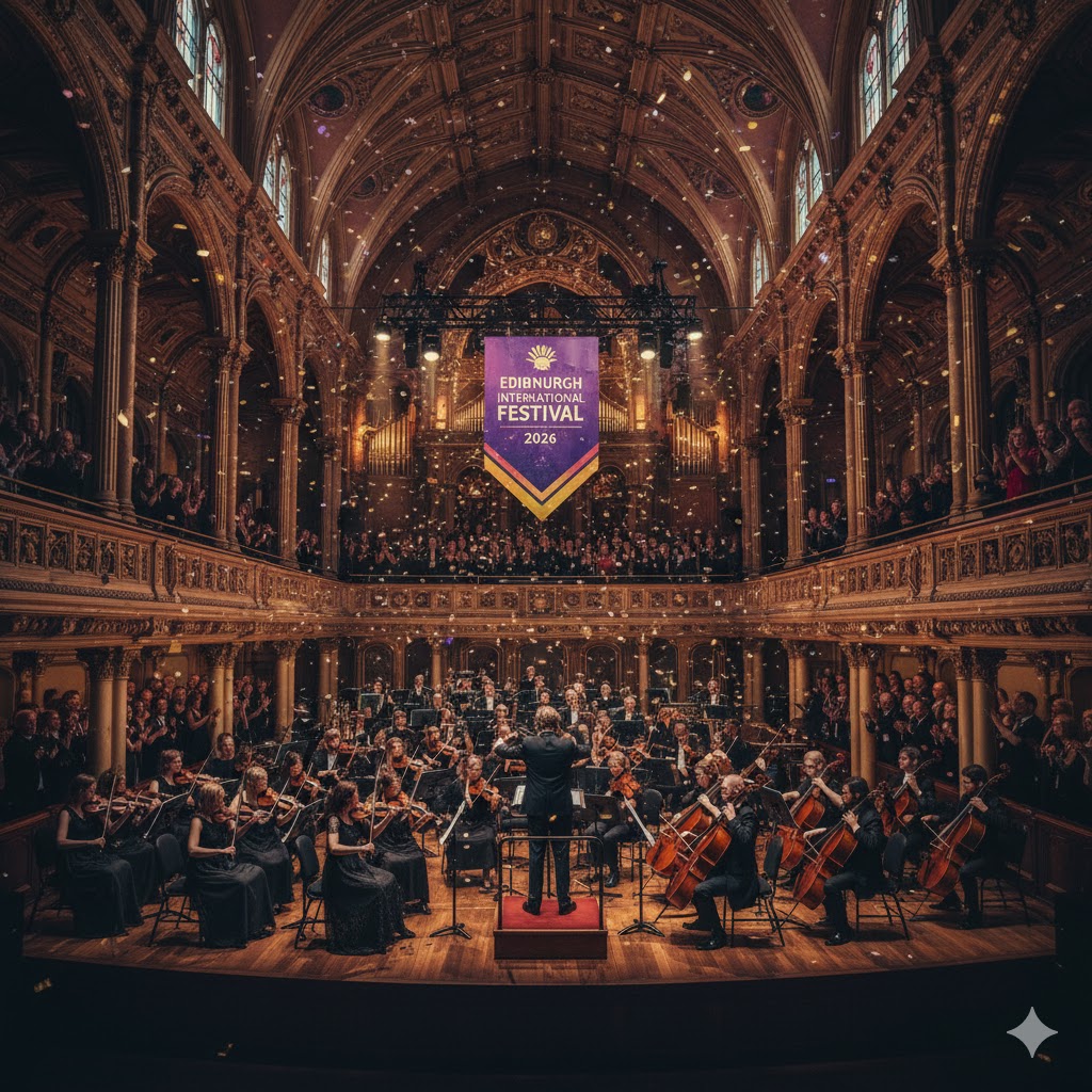 Orchestra performing in illuminated hall during Edinburgh International Festival 2026 Scotland