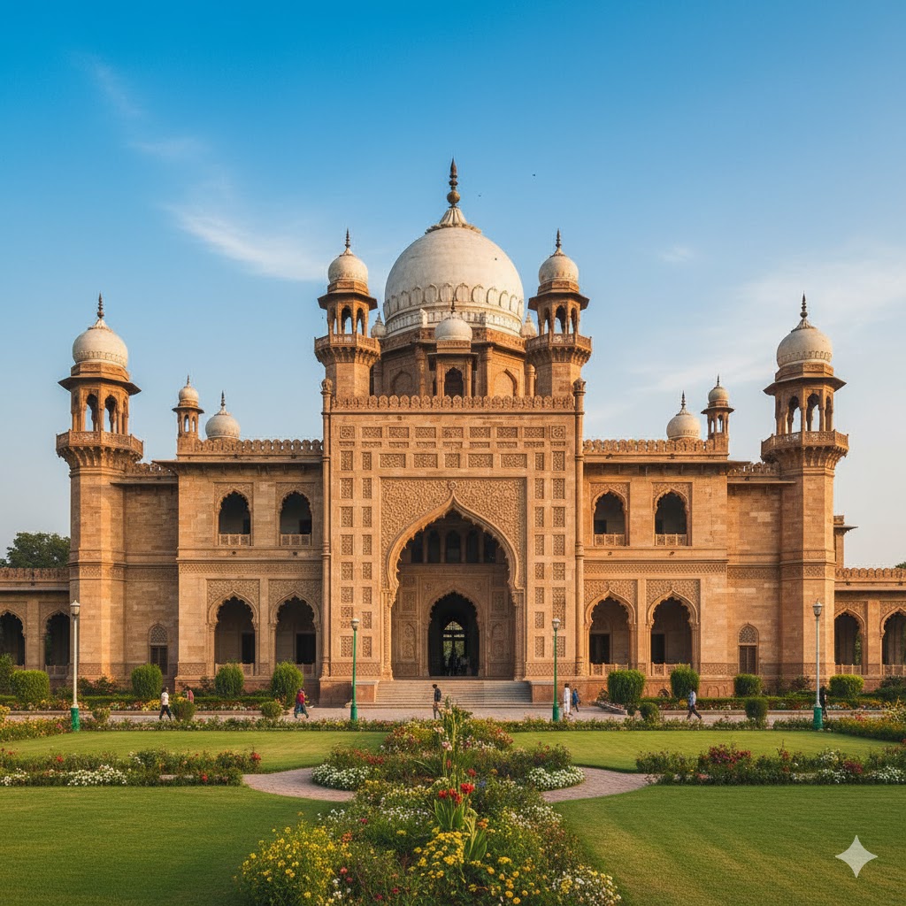 Ornate façade of Bahawalpur Central Library with arches and domes surrounded by manicured lawns.