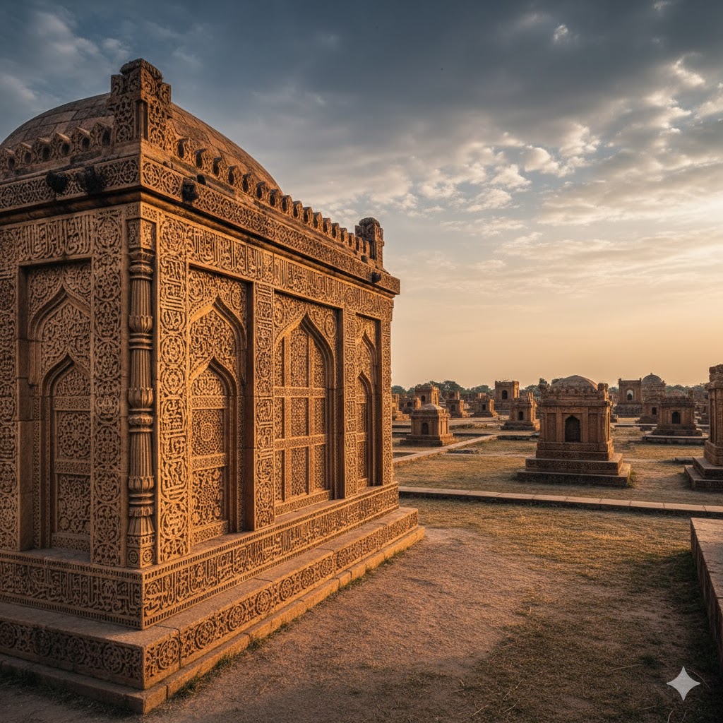 Ornate sandstone tomb of Makli Necropolis with detailed carvings and geometric patterns
