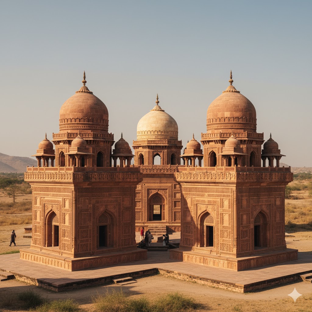 Ornate sandstone tombs at Mirpur Khas inspired by Mughal architecture