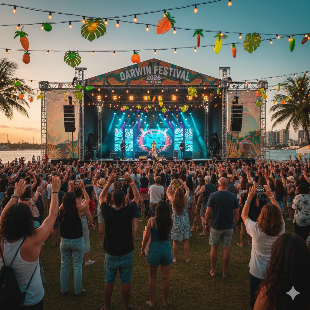 Outdoor stage with tropical lights and crowd during Darwin Festival 2026 Australia.