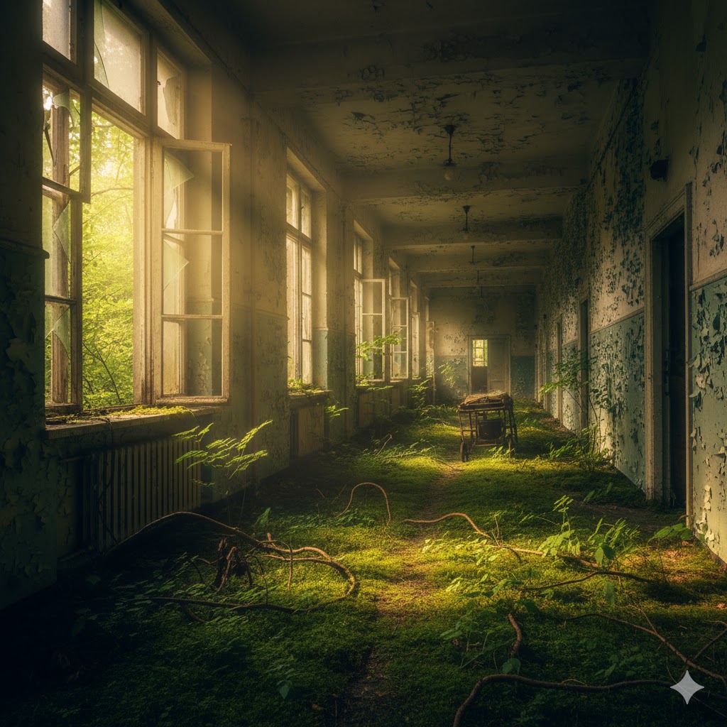 Overgrown hallway of Beelitz-Heilstätten Hospital with sunlight streaming through broken windows. 