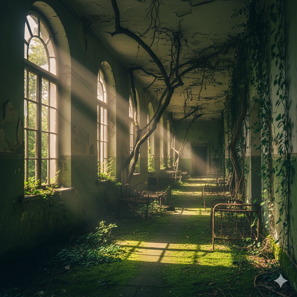 Overgrown hospital hallways with sunbeams piercing broken windows at Beelitz-Heilstätten.