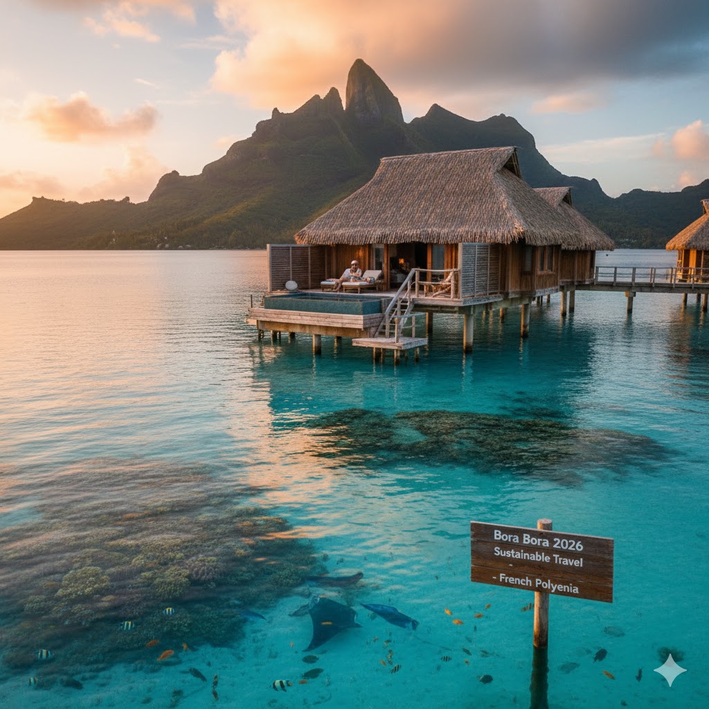 Overwater bungalow lagoon view Bora Bora French Polynesia 2026 sustainable travel
