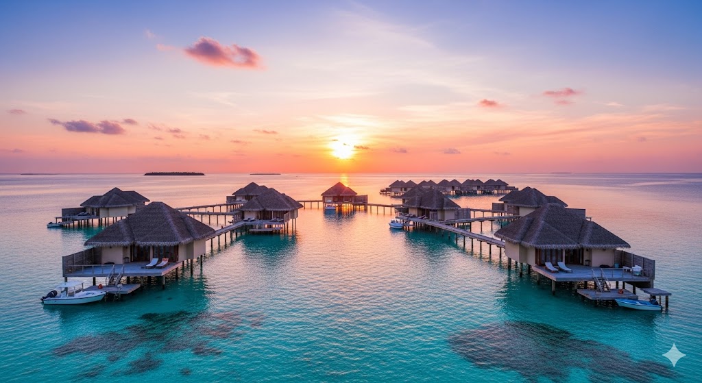 Overwater villas above turquoise lagoon under pink sunset, Maldives