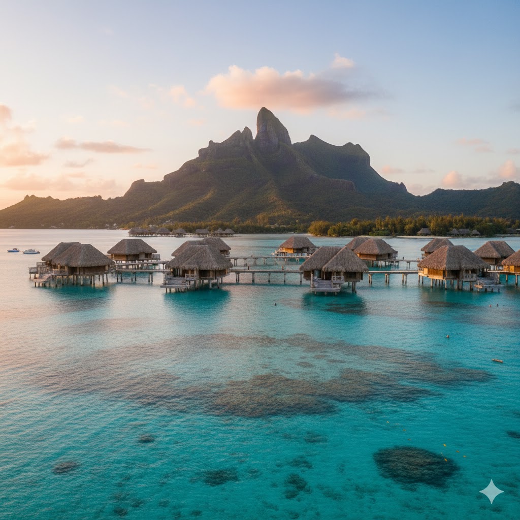 Overwater villas in Bora Bora lagoon with Mount Otemanu backdrop, French Polynesia