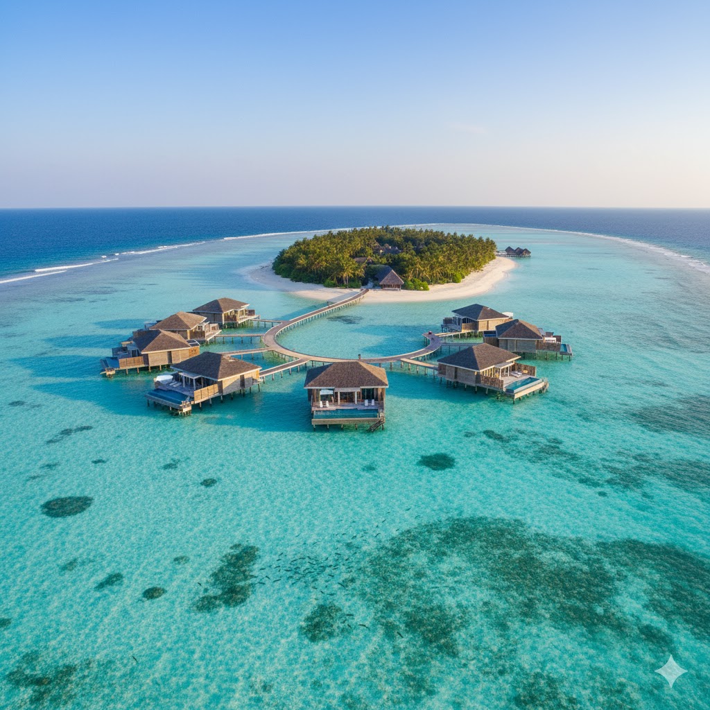 Overwater villas surrounded by clear turquoise sea, Maldives