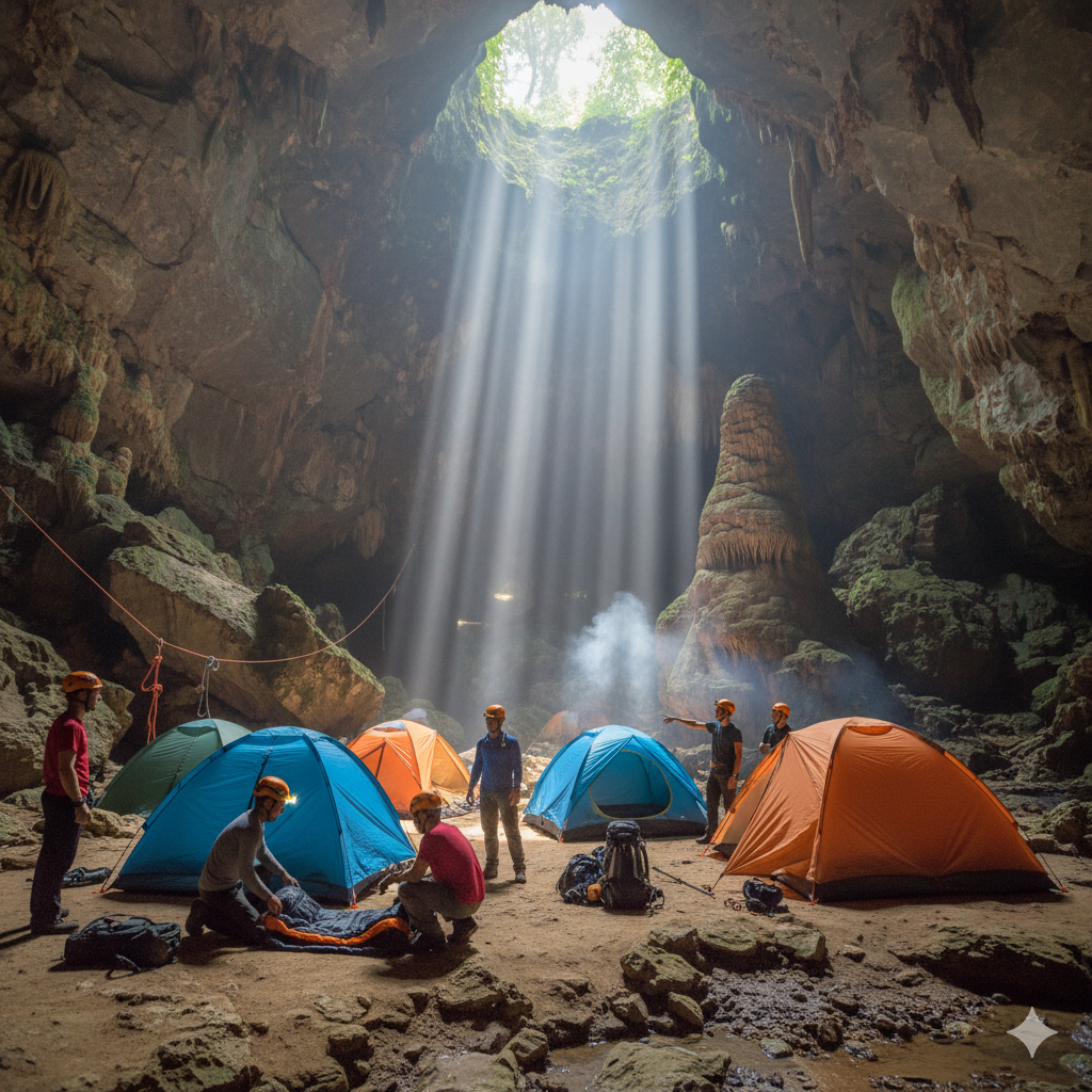 Oxalis Adventure guides setting up camps inside Son Doong