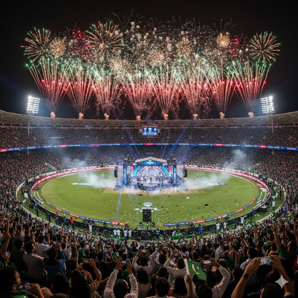 PSL opening ceremony with fireworks and crowd celebrations in Lahore