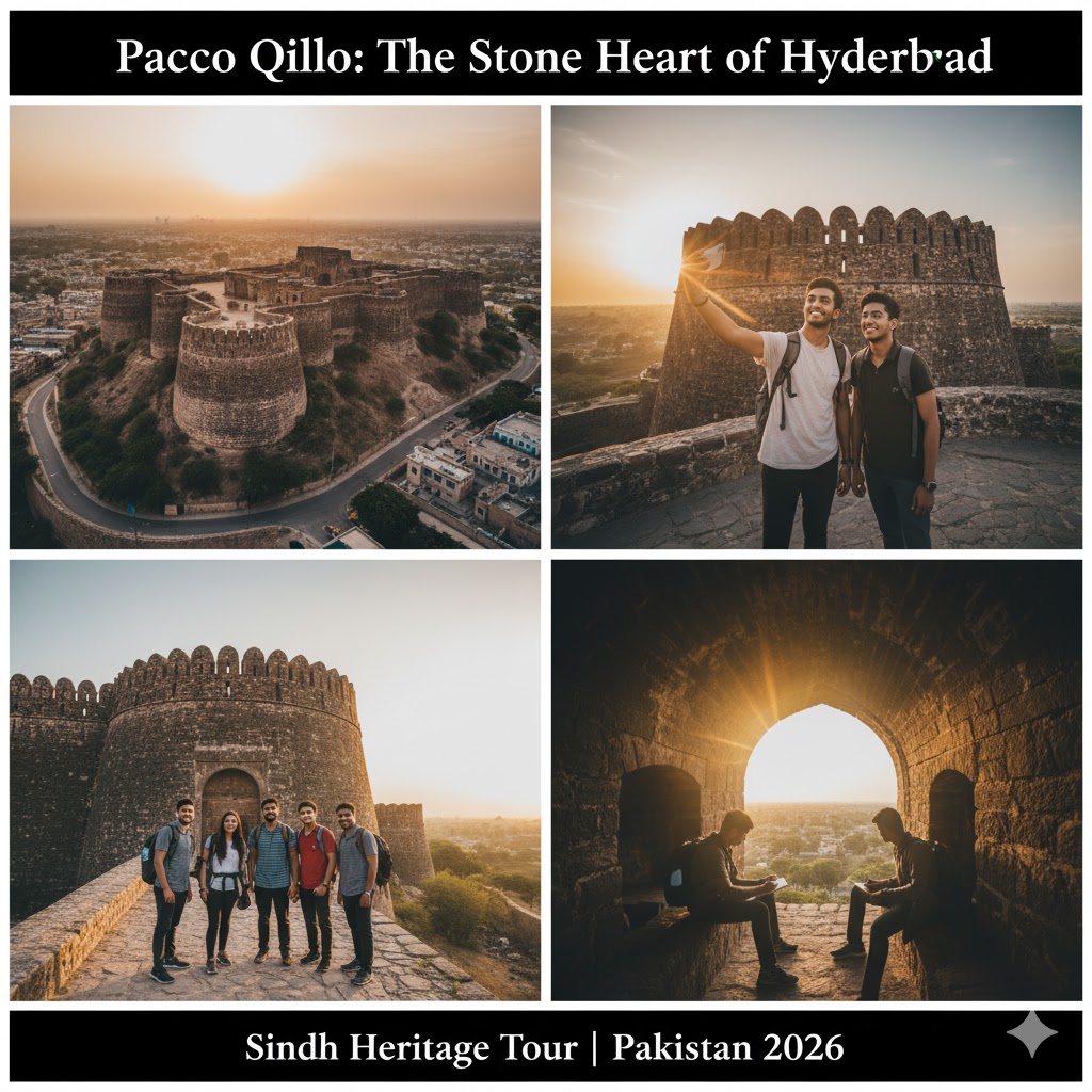 Pacco Qillo Hyderabad stone walls under sunset light, symbolizing Sindh’s historic forts