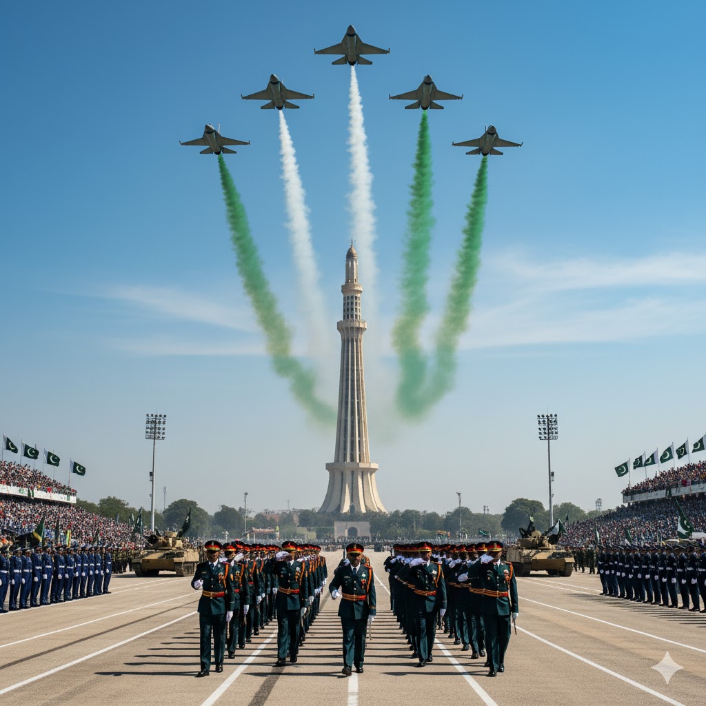 Pakistan Day parade with jets flying over the Minar-e-Pakistan