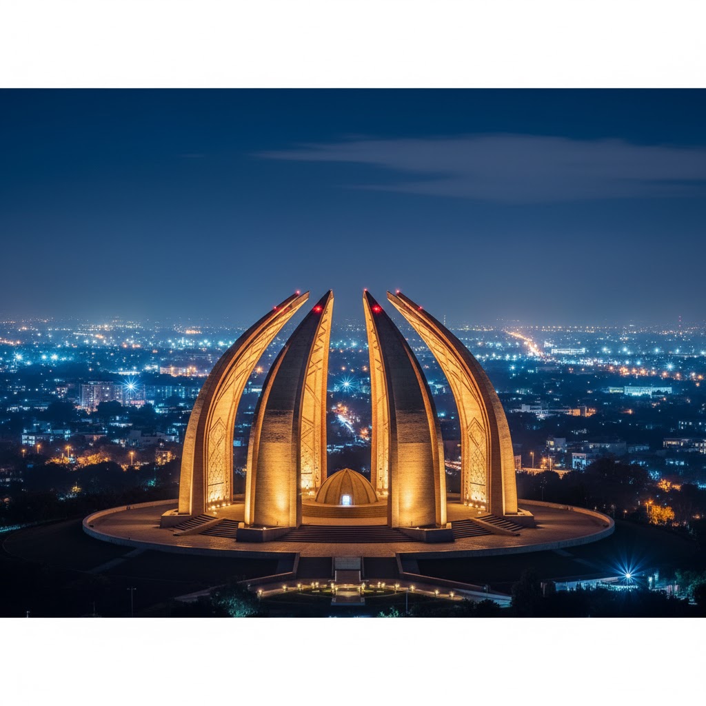 Pakistan Monument at night glowing in golden light overlooking Islamabad cityscape