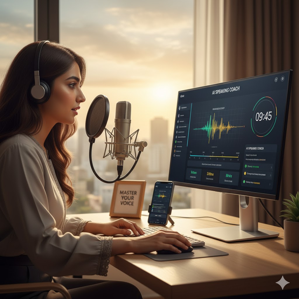 Pakistani IELTS candidate recording speaking practice with AI software – 2025