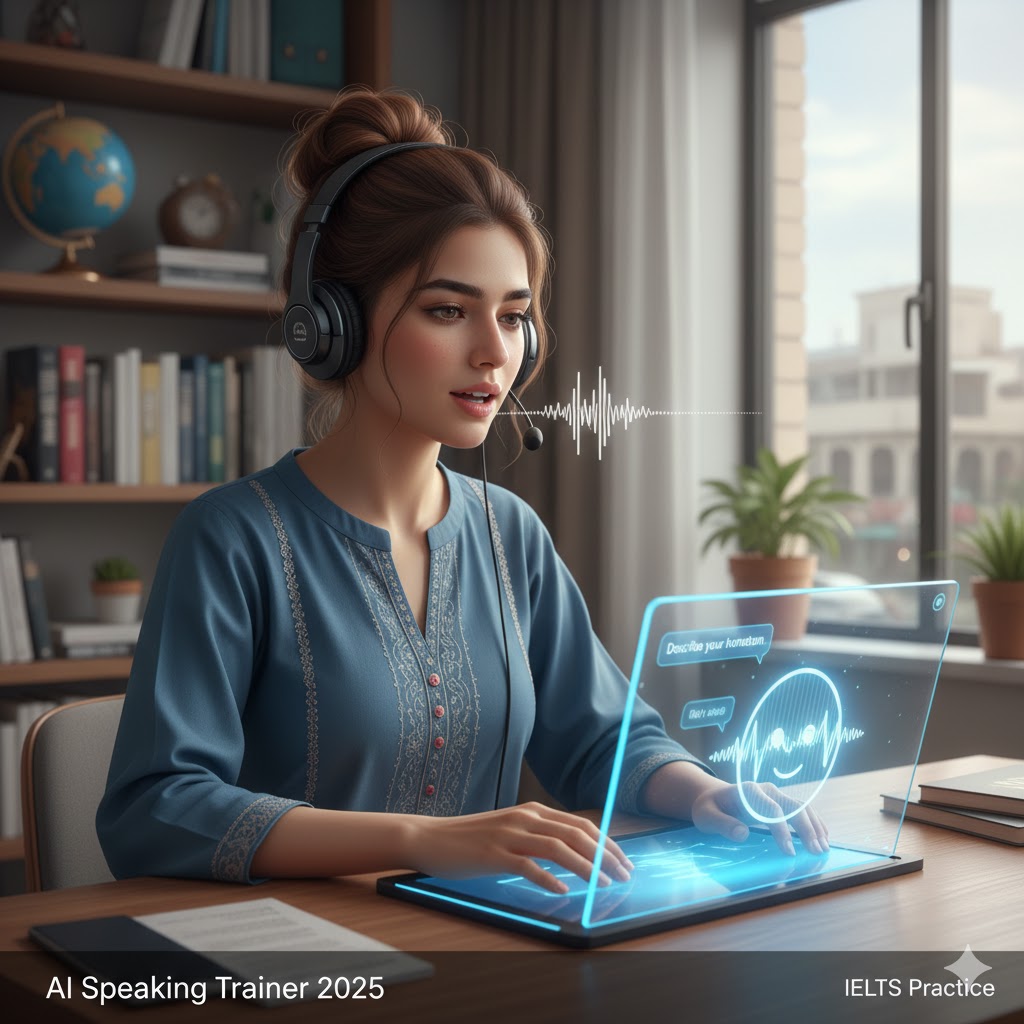 Pakistani IELTS student practicing speaking with AI voice trainer 2025