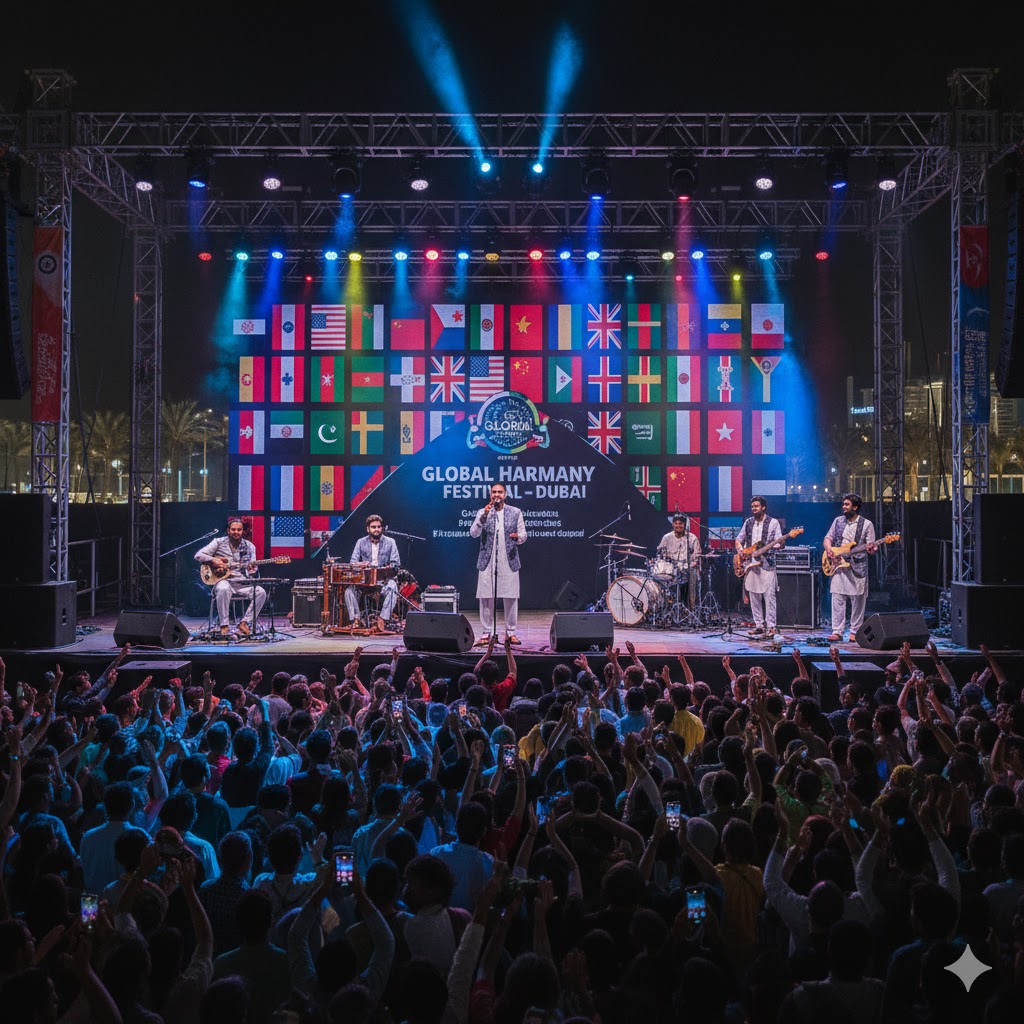 Pakistani fusion band performing on stage during international music festival in Dubai with flags of multiple countries in the background.